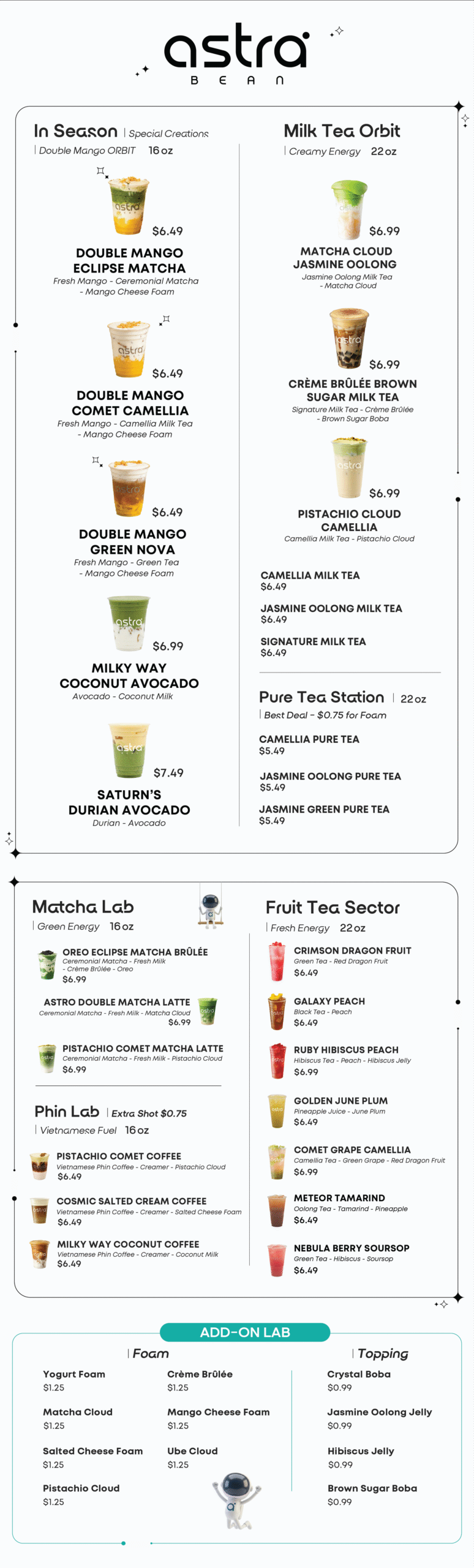 Astra Bean New Menu